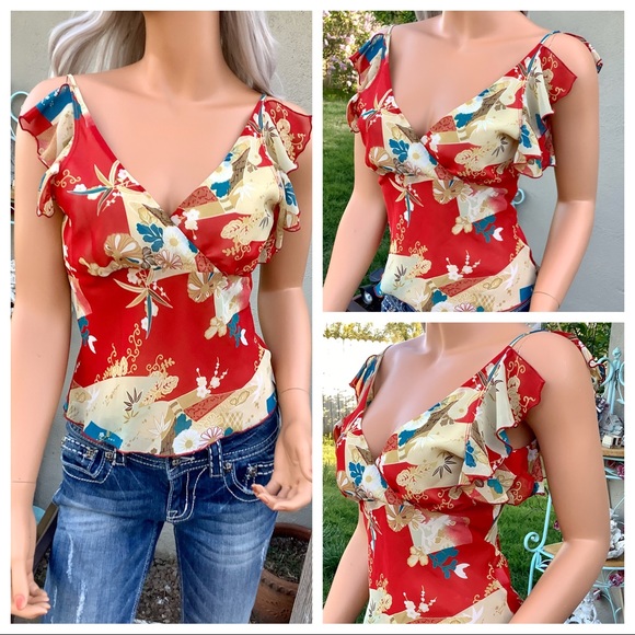 VTG Sm/Med 6 Crop Top Sheer Flutter Sleeve Blouse - Picture 5 of 8